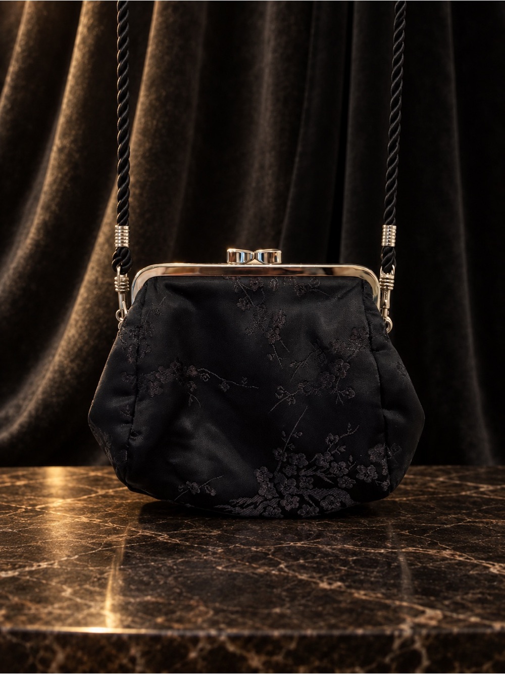 Express Black Satin Floral Frame Crossbody Clutch